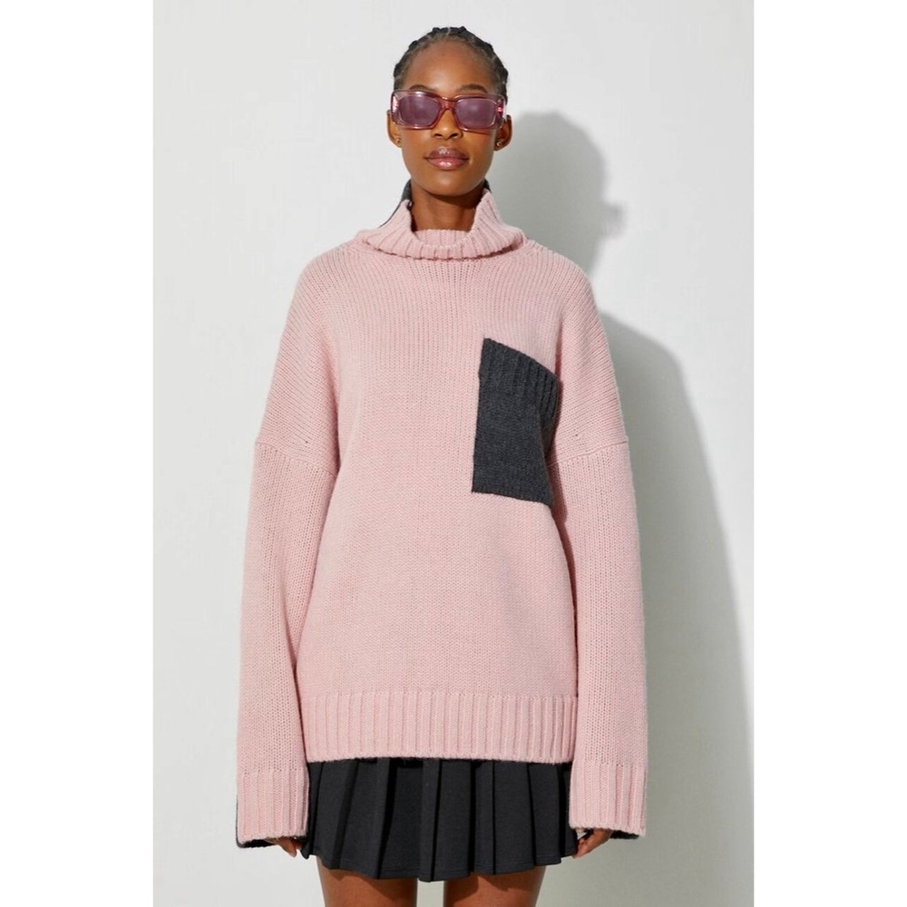 JW ANDERSON Patch Pocket Sweater Pink Grey Pullover Knit Mock Turtleneck Large